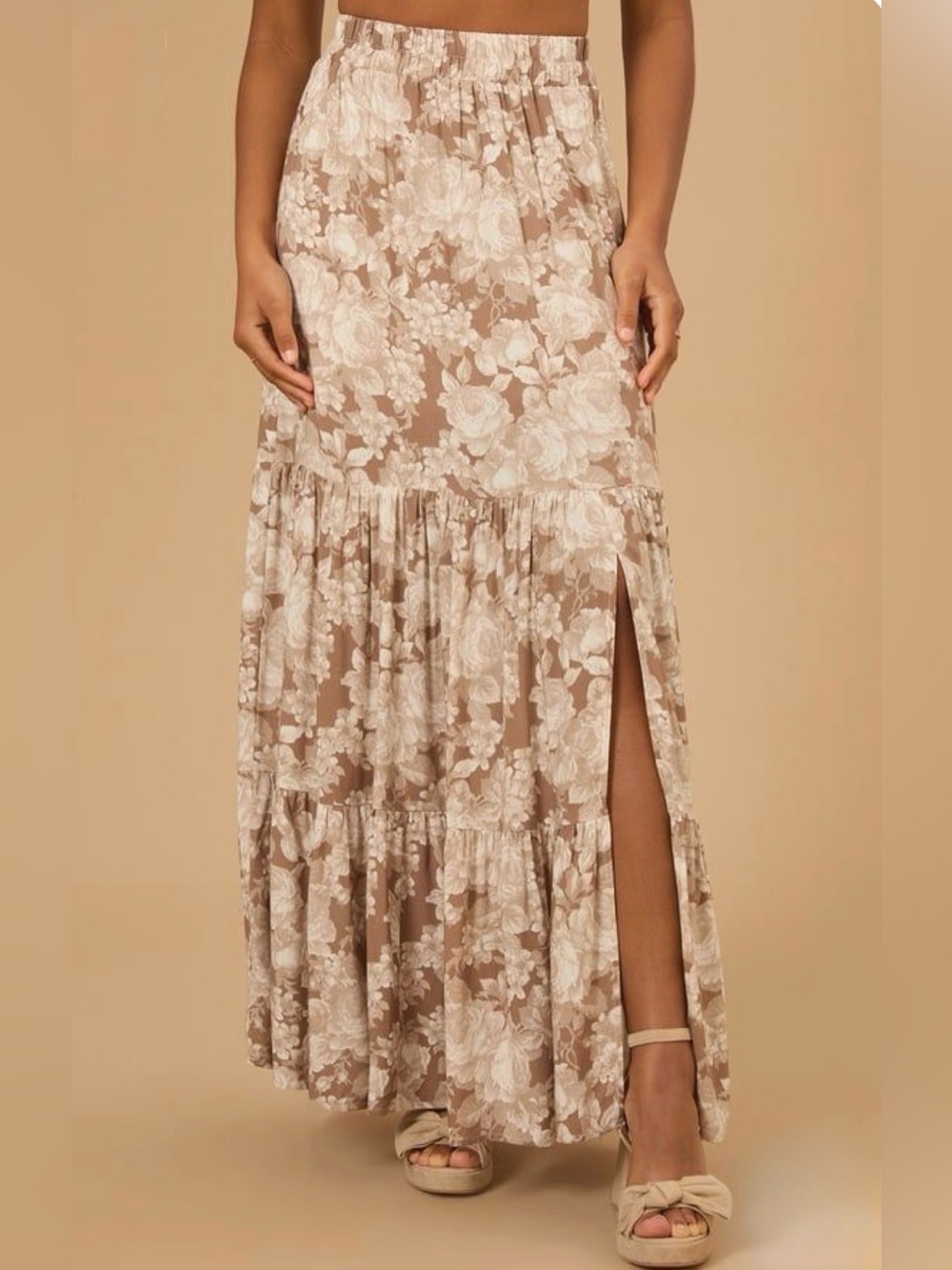 ARULA Rynn Brown & Beige Floral Tiered Maxi Skirt with Front Slit Boho sz 22/24